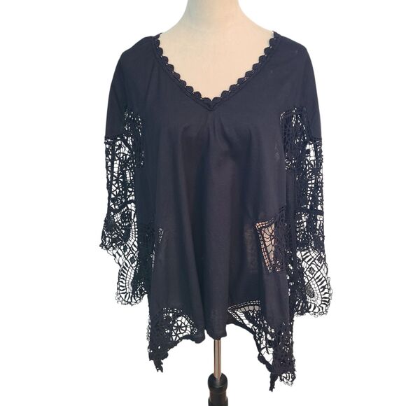 XCVI Tops - XCVI Crochet Lace Poncho Top Black S Cover Up USA Festival Peasant Gothic Witchy
